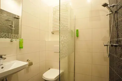 a bathroom with a shower and a toilet and a sink at Kosmopolita Apartments in Kraków