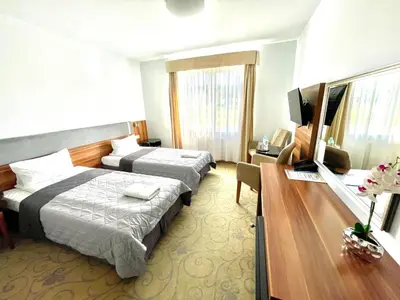 a hotel room with two beds and a television at Hotel Komfort in Krzywaczka