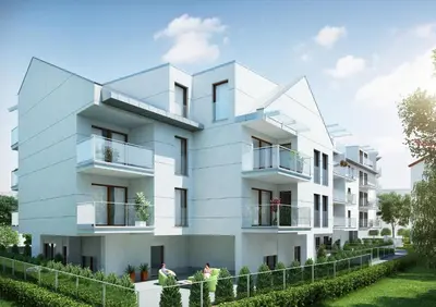 an architectural rendering of a white apartment building at Chopin Apartments in Kraków