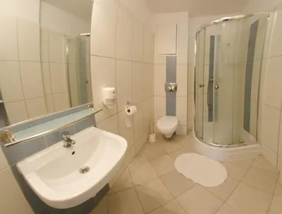 a bathroom with a sink and a shower and a toilet at Brama Old City Rooms in Kraków