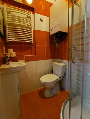 a bathroom with a toilet and a sink at Apartament Premium in Kraków