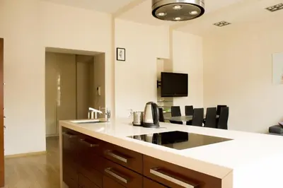 a kitchen with a sink and a counter top at Sauna Luxurious Apartment in Kraków
