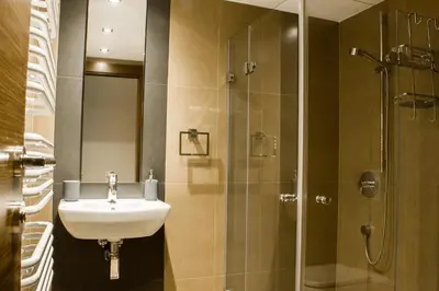 a bathroom with a sink and a shower at Sauna Luxurious Apartment in Kraków