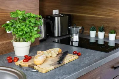 a cutting board with bread and tomatoes on a kitchen counter at Otium Old Town Sarego in Kraków