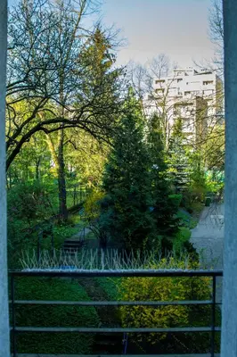 a view of a park with trees and a fence at Amazing Apartment, City Centre, Modern, Elegant, Cozy in Kraków