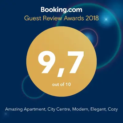 a flyer for the guest review awards with a yellow circle at Amazing Apartment, City Centre, Modern, Elegant, Cozy in Kraków