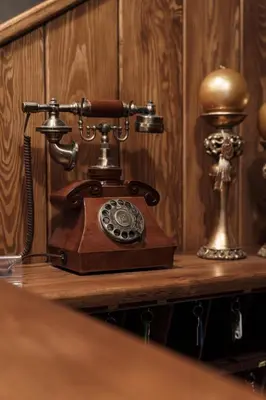 an old fashioned phone on a wooden table at Hotel Zameczek in Książ Wielki