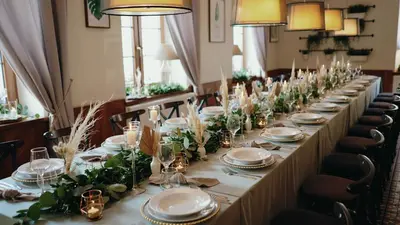 a long table with plates and dishes on it at Pod Kolumnami in Pilica