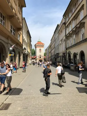 a group of people walking down a city street at Florianska Deluxe Apartments with Air Condition in Kraków