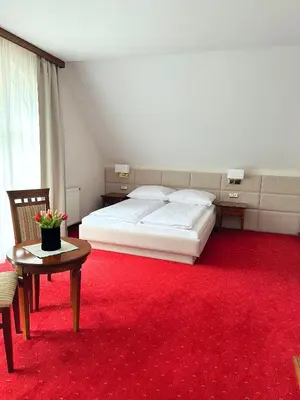 a bedroom with a white bed and a red carpet at Dworek Skawiński in Skawina