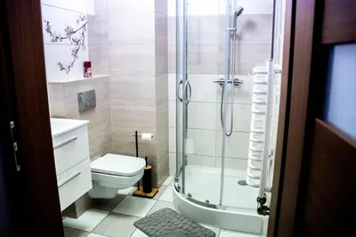 a bathroom with a shower and a toilet and a sink at Chata 