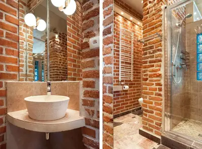 two images of a bathroom with a sink in a brick wall at Krowoderska Apartments in Kraków