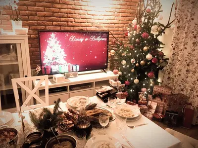 a living room with a christmas tree and a television at Apartament LUSCINIA z 2 sypialniami in Kraków