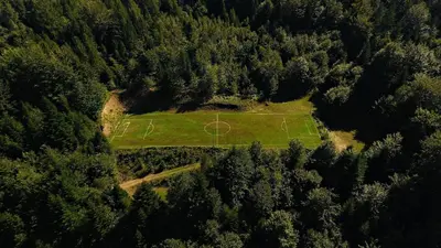 an aerial view of a house with red roofs at Domki Beskid in Rzyki