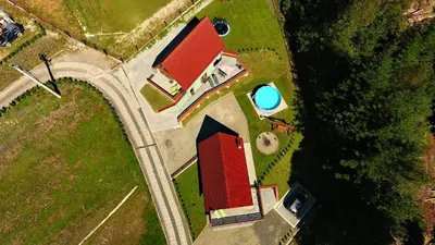 an aerial view of a forest with a train on a track at Domki Beskid in Rzyki