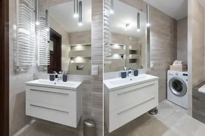 a bathroom with two sinks and a washing machine at Krakow Central Apartment Free Parking in Kraków