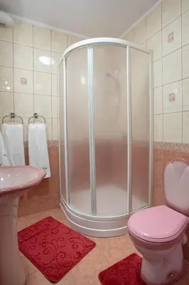 a bathroom with a shower and a toilet and a sink at Hotel Góralski Raj in Nowy Targ