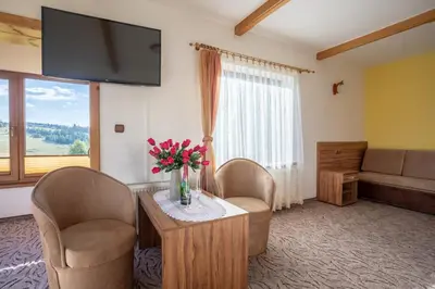 a living room with two chairs and a table with flowers at Hotel Góralski Raj in Nowy Targ