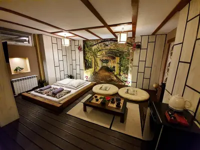 an overhead view of a room with a bed and a table at Apartament z jacuzzi Kraków in Kraków