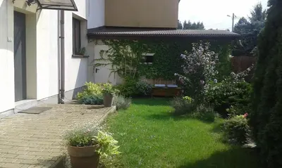 a small yard with plants and flowers in front of a house at Apartamenty Algador in Kraków