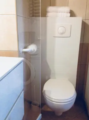 a small bathroom with a toilet and a shower at Zamoyskiego in Kraków