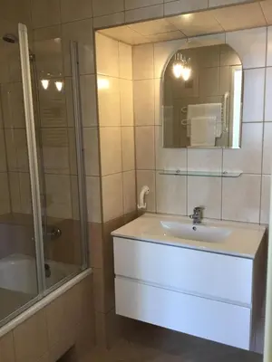 a bathroom with a sink and a shower and a mirror at Zamoyskiego in Kraków