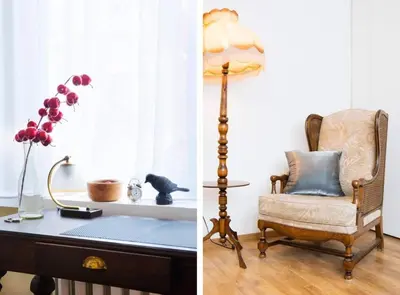 a room with a desk and a chair and a lamp at Comfortable Apartment in Kraków