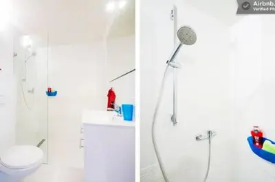 two pictures of a bathroom with a shower and a toilet at Comfortable Apartment in Kraków