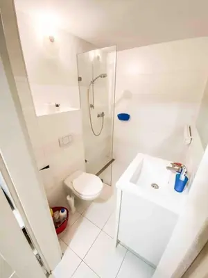 a bathroom with a shower and a toilet and a sink at Comfortable Apartment in Kraków