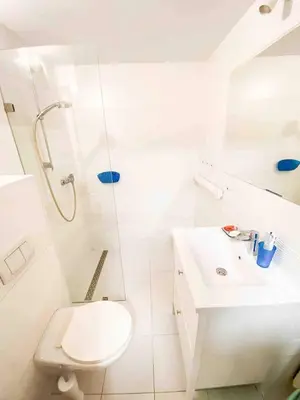 a bathroom with a shower and a toilet and a sink at Comfortable Apartment in Kraków