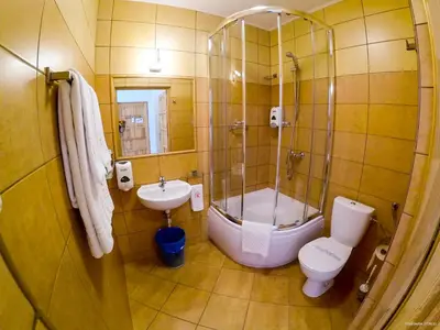 a bathroom with a shower and a toilet and a sink at Hotel Krak in Myślenice