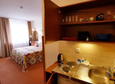 a bathroom with a sink and a bed in a room at Aparthotel Adler in Kraków