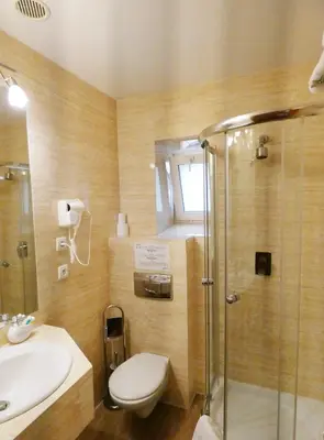 a bathroom with a shower and a toilet and a sink at Aparthotel Adler in Kraków