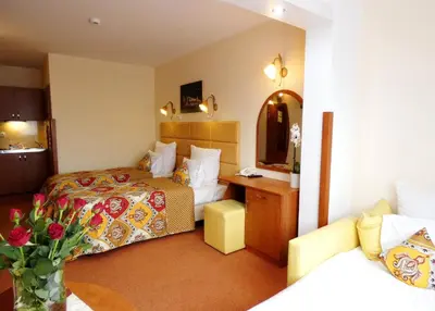 a hotel room with two beds and a vase of flowers at Aparthotel Adler in Kraków