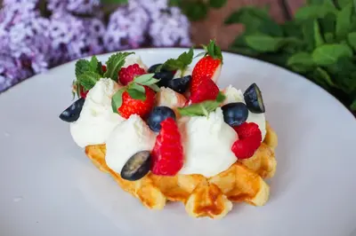 a waffle with whipped cream and berries on a plate at Radocza Park Active & Spa in Radocza