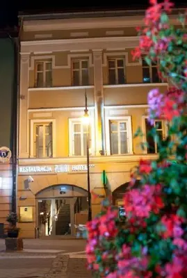 a building on a street with pink flowers in the foreground at Hotel-Restauracja Platan in Chrzanów