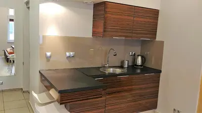 a kitchen with a sink and wooden cabinets at Mirror Gold & Grey Studios in Kraków
