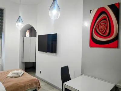a room with a bed and a tv on a wall at Mirror Gold & Grey Studios in Kraków