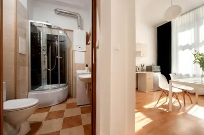 a bathroom with a shower and a toilet and a sink at Agnieszki 1 Apartment in Kraków