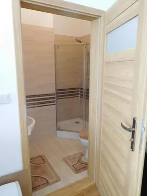 a bathroom with a shower and a toilet at Apartament DERUBEIS in Wieliczka