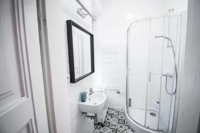 a bathroom with a sink and a shower and a mirror at SL apartments in Kraków