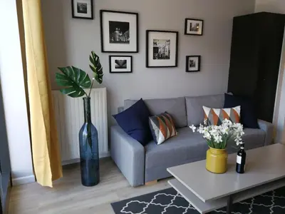 a living room with a couch and a vase with flowers at 3D Szlak 77 Apartament in Kraków