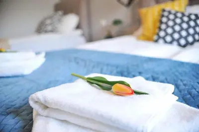 a flower on a pile of towels on a bed at 3D Szlak 77 Apartament in Kraków