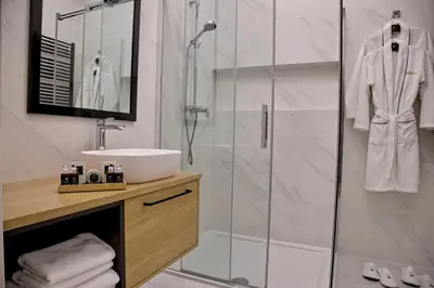 a bathroom with a shower and a sink at Bentis Luxury Apartments in Kraków