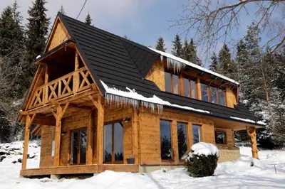 a log cabin with a black roof in the snow at Buflaczanka in Nowy Targ