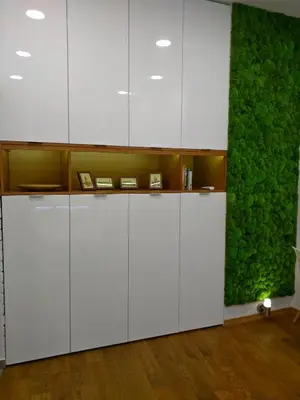a kitchen with white cabinets and a green wall at Apartament Starowiślna in Kraków