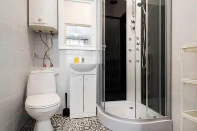 a bathroom with a shower and a toilet and a sink at Apartamenty i Studia HERBARIUM in Kraków