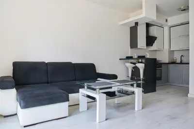 a living room with a black couch and a table at D&A Apartments Old Town in Kraków