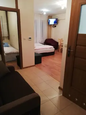 a living room with a couch and a television at Zator Apartamenty Weekend in Zator