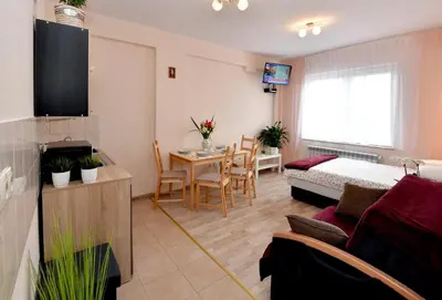 a living room with a bed and a table at Zator Apartamenty Weekend in Zator